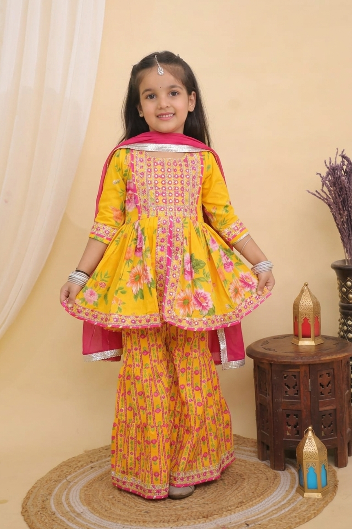 Girls Yellow Floral Embroidered Peplum Style Cotton Kurti Set