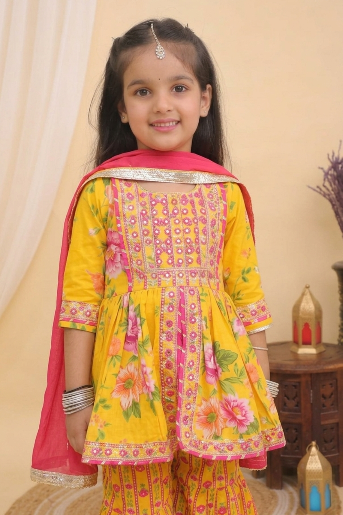Girls Yellow Floral Embroidered Peplum Style Cotton Kurti Set