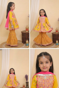 Girls Yellow Floral Embroidered Peplum Style Cotton Kurti Set