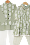 Girls Pastel Green White Buti Kurti With Green Striped Pant And Dupatta