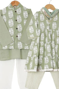 Girls Pastel Green White Buti Kurti With Green Striped Pant And Dupatta