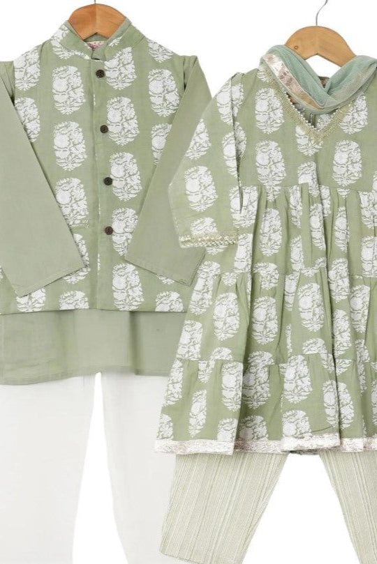 Girls Pastel Green White Buti Kurti With Green Striped Pant And Dupatta