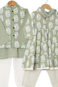 Boys Pastel Green White Buti Jacket With Green Kurta And White Pajama