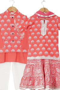 Girls Peach Floral Kurti With Peach Floral Sharara And Dupatta