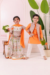 Boys Orange Grey Floral Print Jacket with Kurta and Pajama