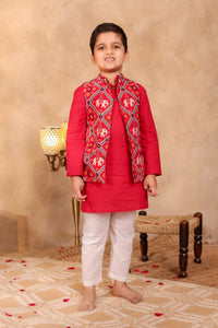 Boys Red Elephant Print Jacket with Red Kurta and Pajama