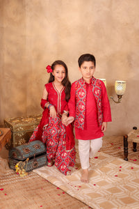 Boys Red Elephant Print Jacket with Red Kurta and Pajama
