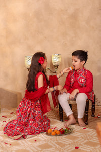 Boys Red Elephant Print Jacket with Red Kurta and Pajama