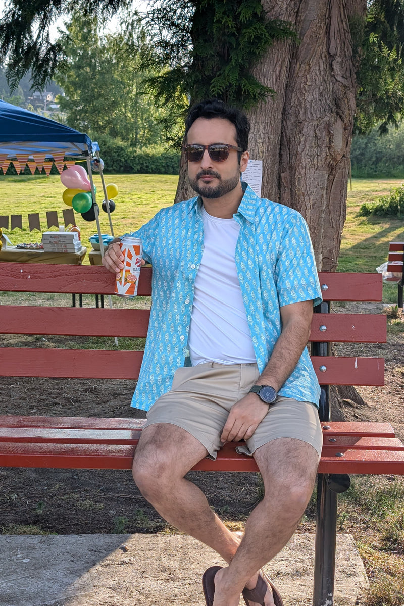 Men's Paisley Print Aqua Blue Cotton Shirt