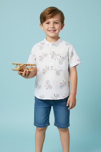 Boys White Cycle Half-Sleeve Shirt