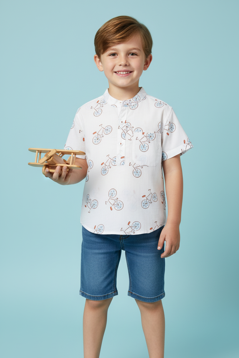 Boys White Cycle Half-Sleeve Shirt