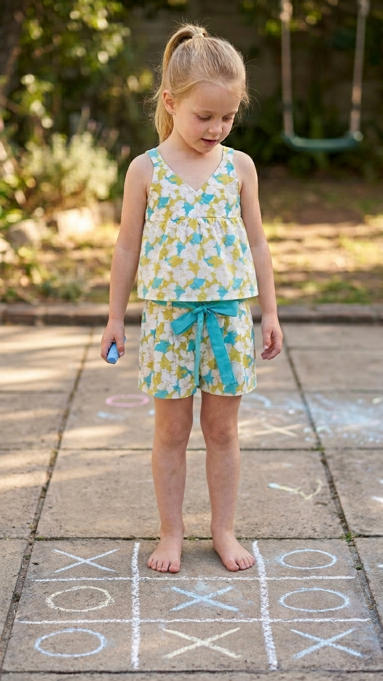 Young girl wearing Green & Blue Summery Floral Top with Shorts Co-ord Set playing hopscotch in a backyard