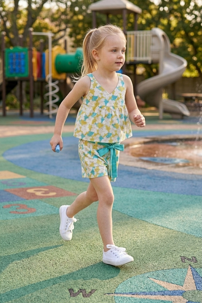 Young girl in a Green & Blue Summery Floral Top with Shorts Co-ord Set playing on a playground.