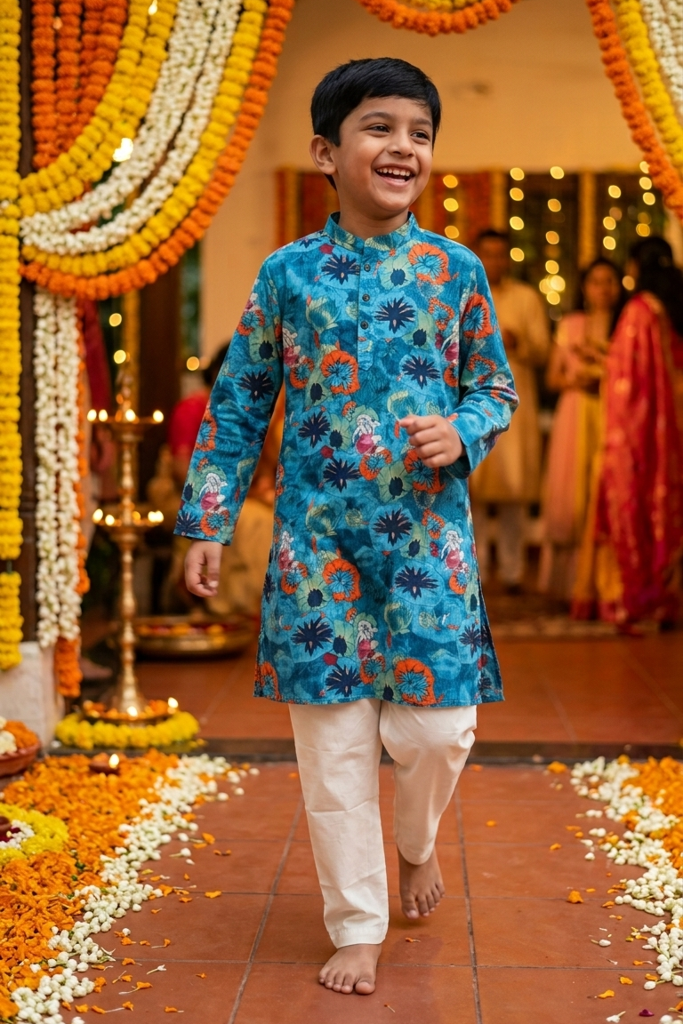 A young boy smiling and walking barefoot down a decorated aisle, wearing a vibrant blue patterned kurta with white pants. The background features colorful marigold and white flower garlands and warm string lights.