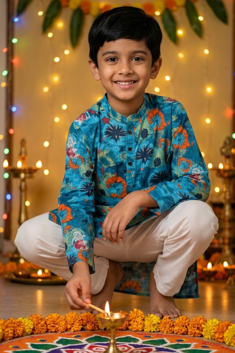 A young boy wearing a vibrant blue and orange patterned kurta and white pants crouches in front of a decorated rangoli and warm string lights, holding a lit diya.