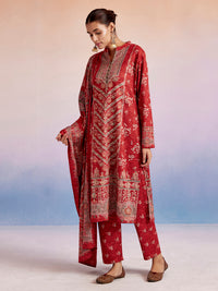Red Woolen Ethnic Printed Kurta Set With Dupatta