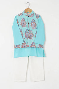 Boys Blue Buta Jacket with Blue Kurta and White Pajama