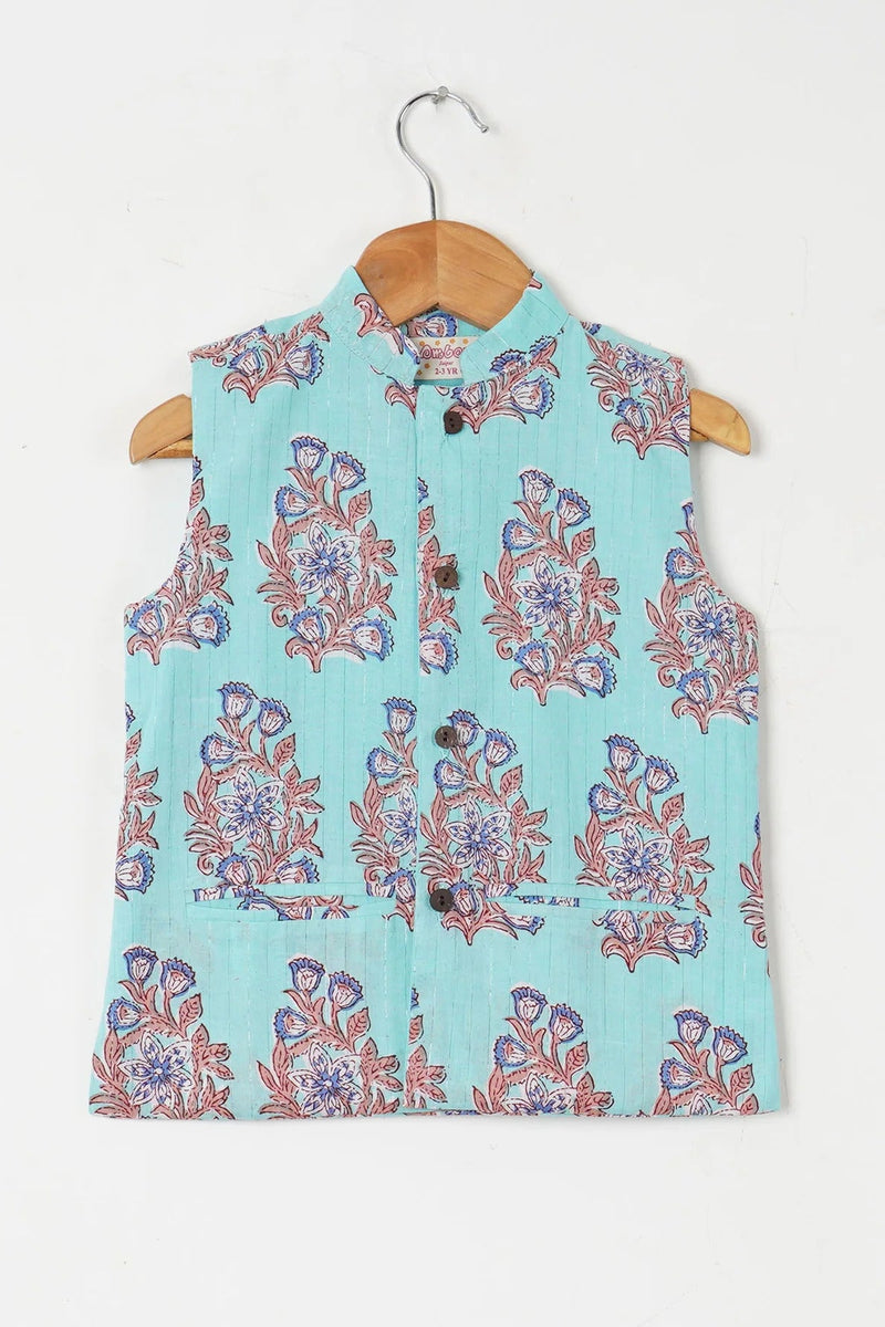 Boys Blue Buta Jacket with Blue Kurta and White Pajama