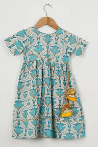 Girls Blue Beige Ankle Length Ethnic Gota Dress With Pom Pom