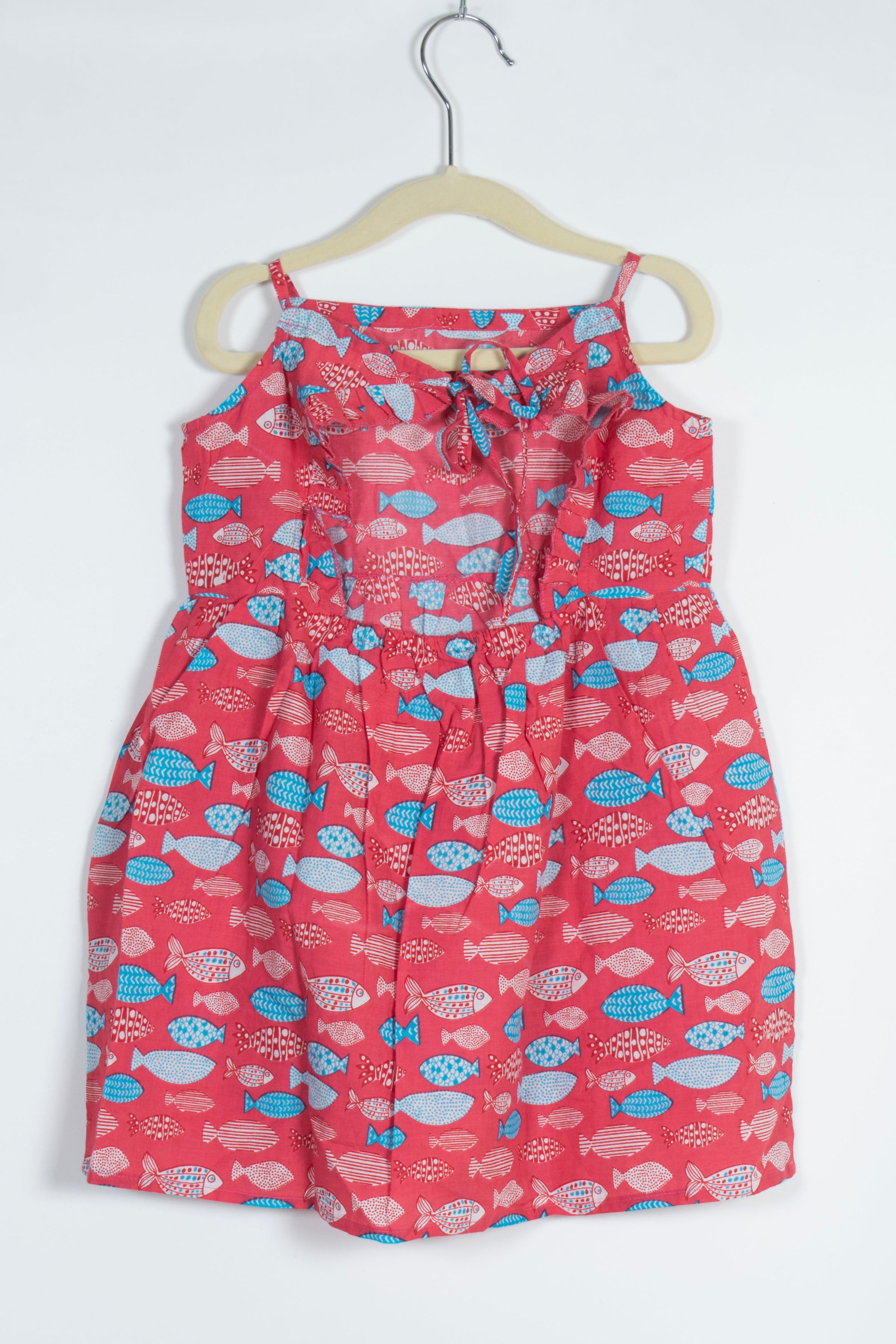 Girls Red and Blue Fish Print Pure Cotton Tie-Neck Dress