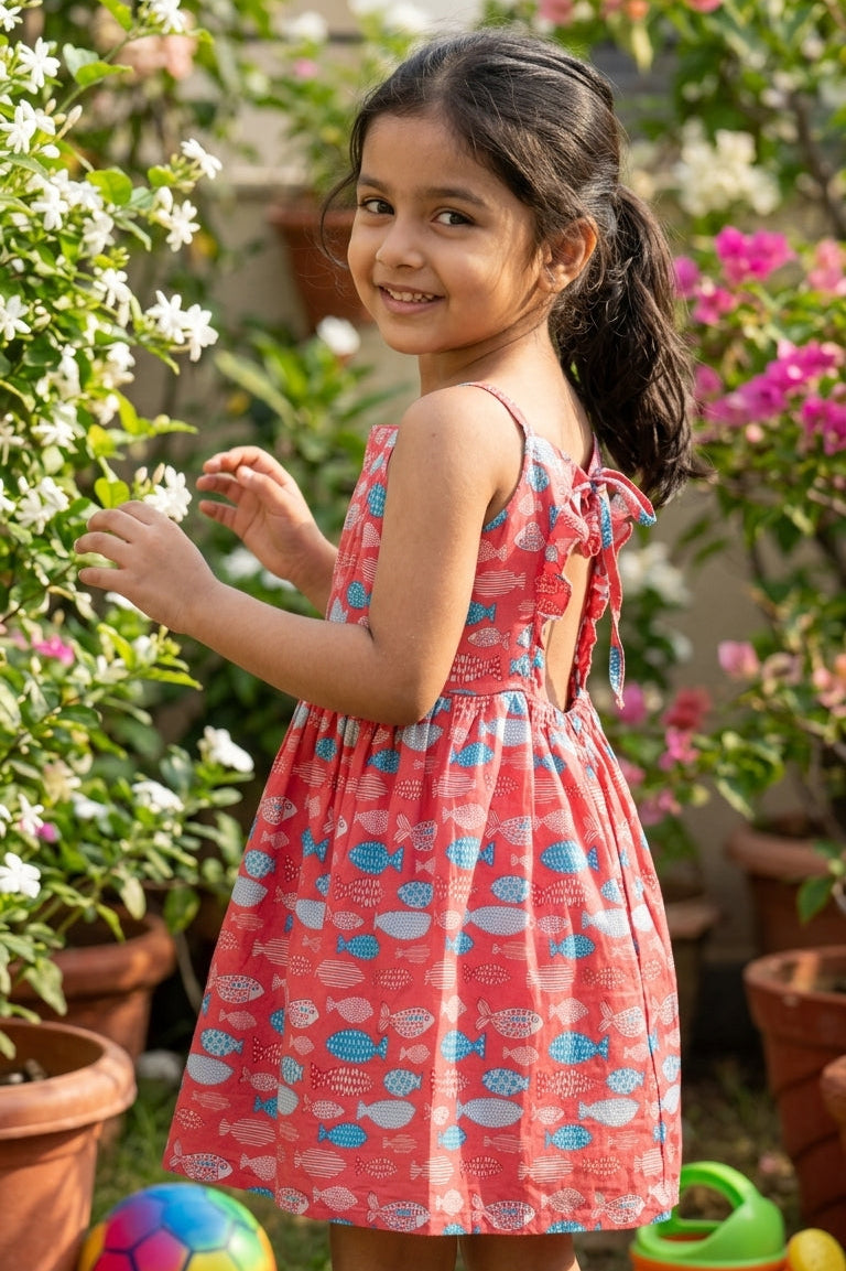 Young girl in a red fish print dress standing in a garden with flowers and plants.