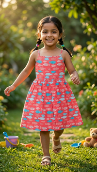 Young girl in a red dress with fish patter running outdoors on grass