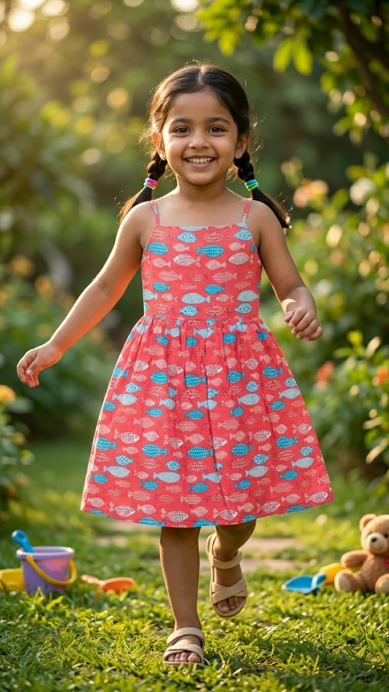 Young girl in a red dress with fish patter running outdoors on grass