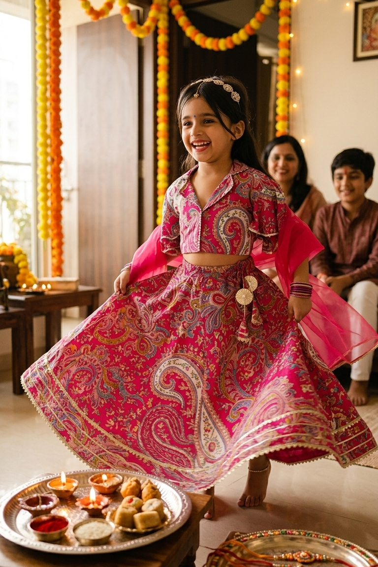 Girls Pink Paisley Print Lehenga with Blouse & Dupatta