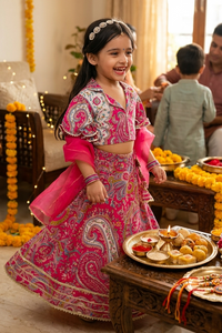 Girls Pink Paisley Print Lehenga with Blouse & Dupatta