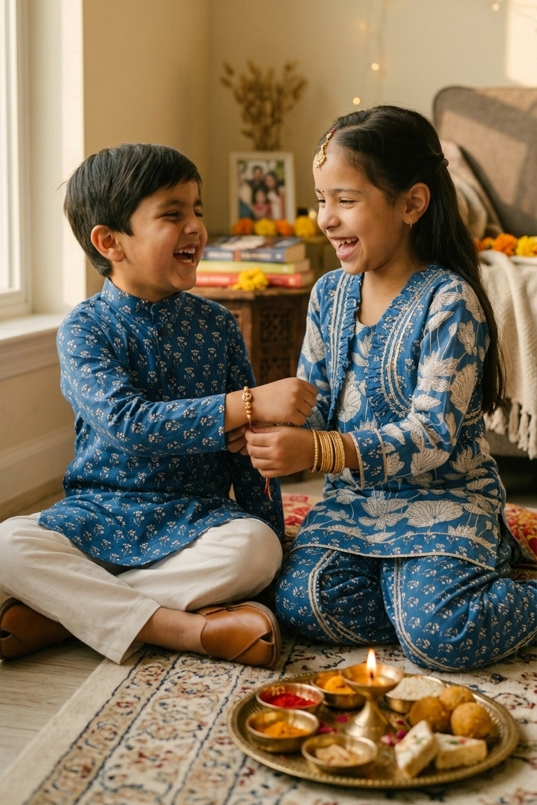 Two children sitting on a patterned rug indoors, wearing matching blue and white traditional outfits and smiling at each other. A decorative tray with lit candles and small dishes is in the foreground, with warm string lights and a sofa in the background.