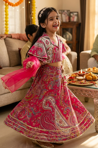Girls Pink Paisley Print Lehenga with Blouse & Dupatta