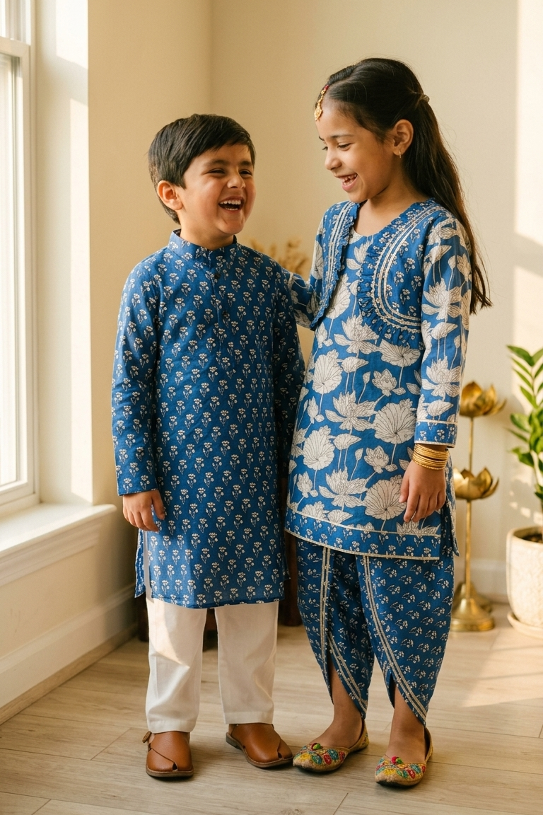 A young boy and girl wearing matching blue and white traditional Indian outfits, standing together in a brightly lit room with a window and wooden floor.