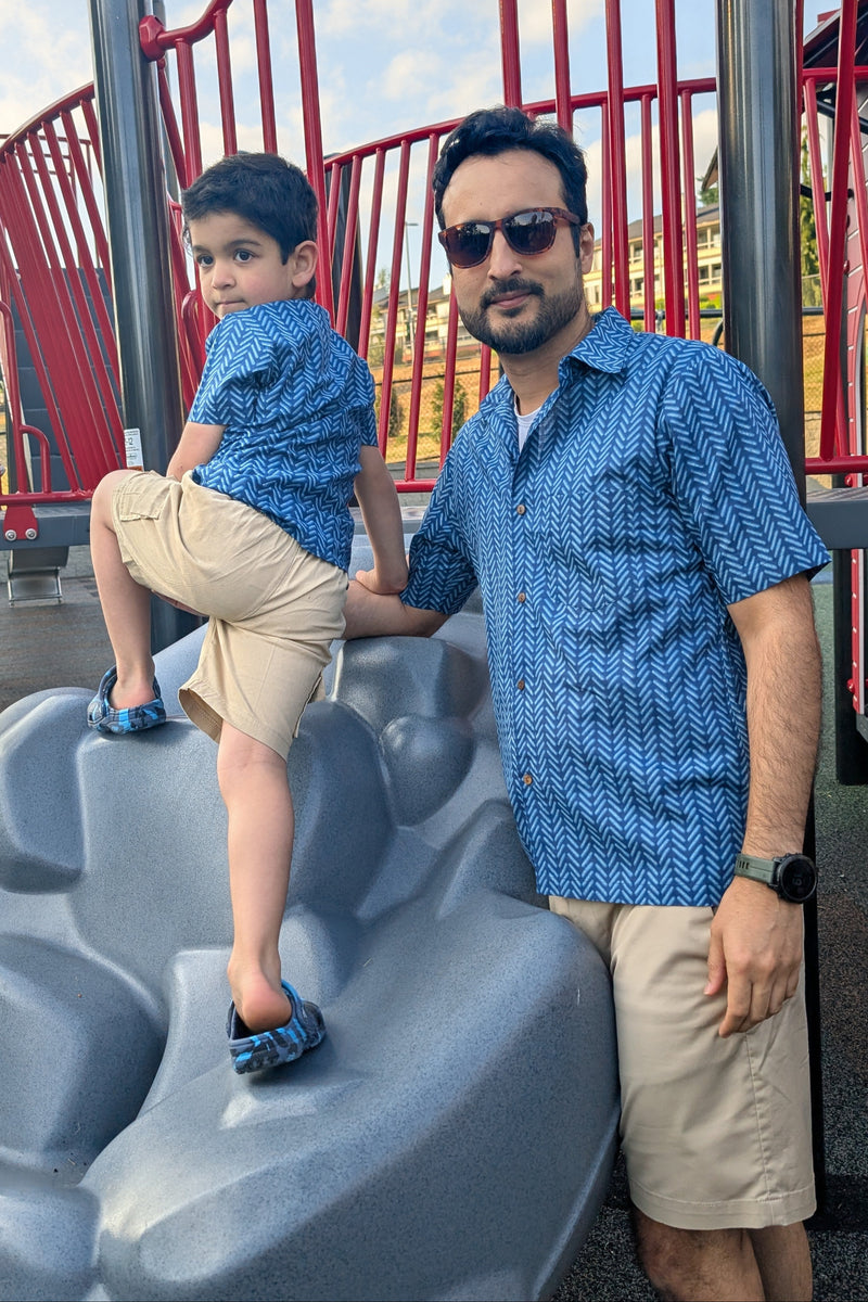 Boys Indigo Geometric Half Sleeve Shirt