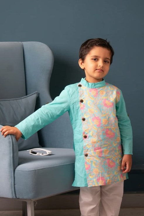 Boys Sky Blue Floral Side Button Kurta With Off White Pajama