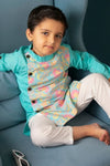 Boys Sky Blue Floral Side Button Kurta With Off White Pajama