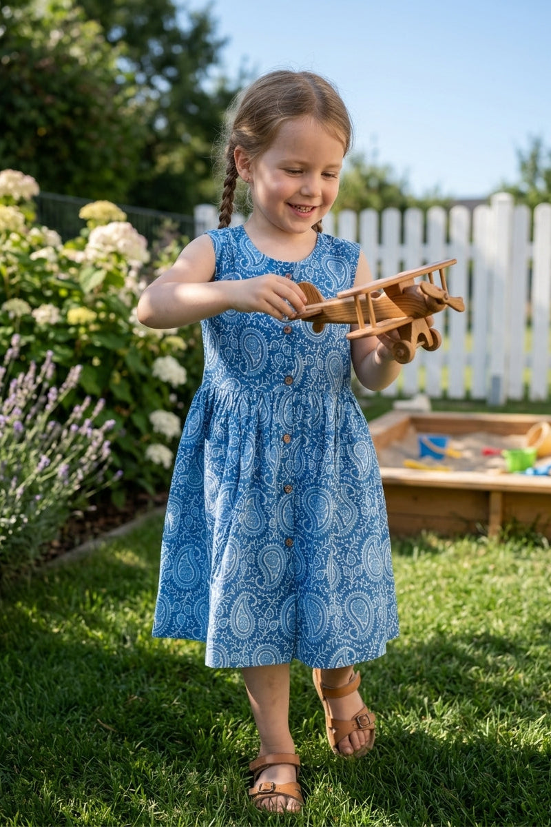 Young girl in a blue paisley print cotton dress playing with a wooden airplane in a garden.