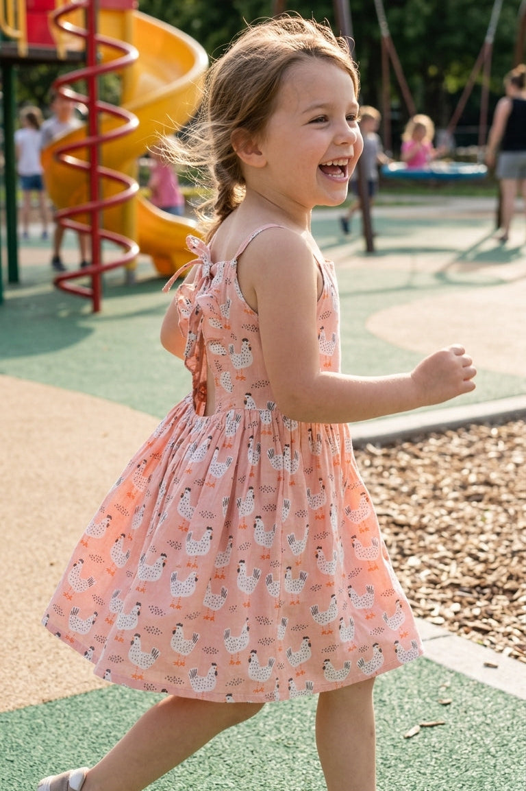 Child in a peach dress running on a playground