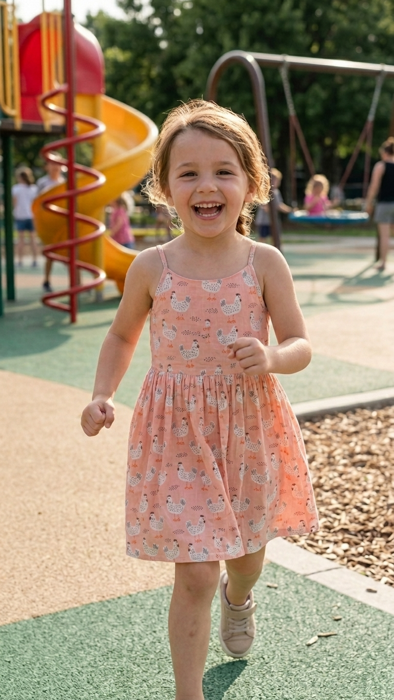 Young girl in a peach chicken dress dress running on a playground