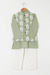 Boys Pastel Green White Buti Jacket With Green Kurta And White Pajama