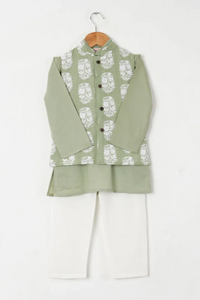 Boys Pastel Green White Buti Jacket With Green Kurta And White Pajama