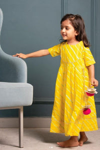 Girls Yellow Leheriya Ankle Length Ethnic Gota Dress With Pom Pom