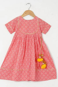Girls Peach Bandhej Ankle Length Ethnic Gota Dress With Pom Pom