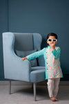 Boys Sky Blue Floral Side Button Kurta With Off White Pajama
