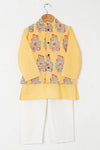Boys Yellow Buta Jacket With Yellow Kurta And White Pajama