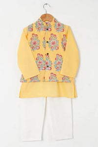Boys Yellow Buta Jacket With Yellow Kurta And White Pajama