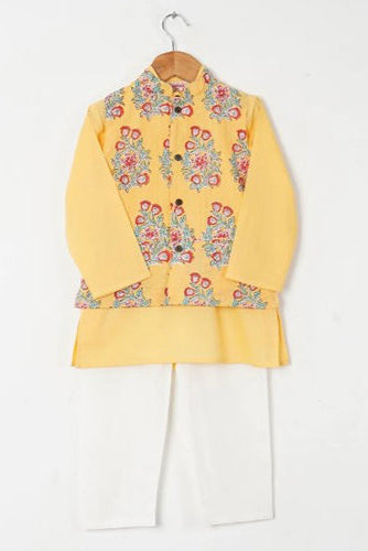 Boys Yellow Buta Jacket With Yellow Kurta And White Pajama