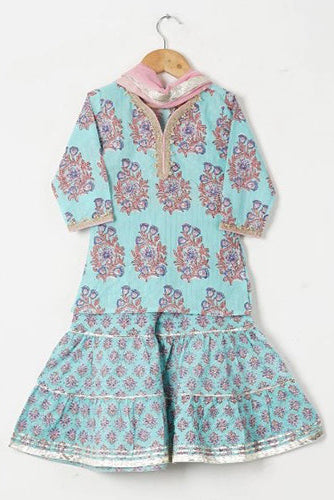Girls Blue Buta Kurti With Blue Floral Sharara And Dupatta