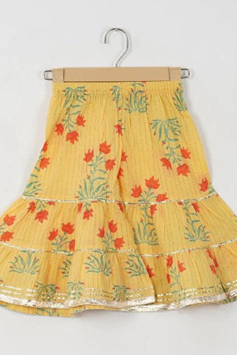 Girls Yellow Floral Yoke Kurti With Yellow Floral Sharara And Dupatta