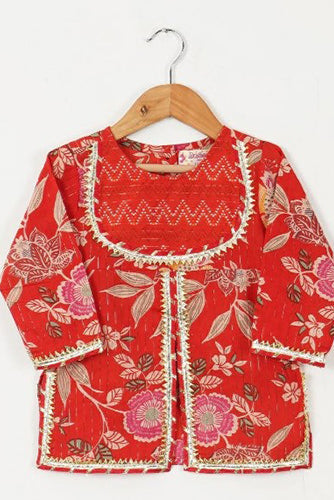 Ravishing Red - Girls Red Floral Yoke Kurti With Leheriya Sharara And Dupatta