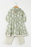 Girls Pastel Green White Buti Kurti With Green Striped Pant And Dupatta